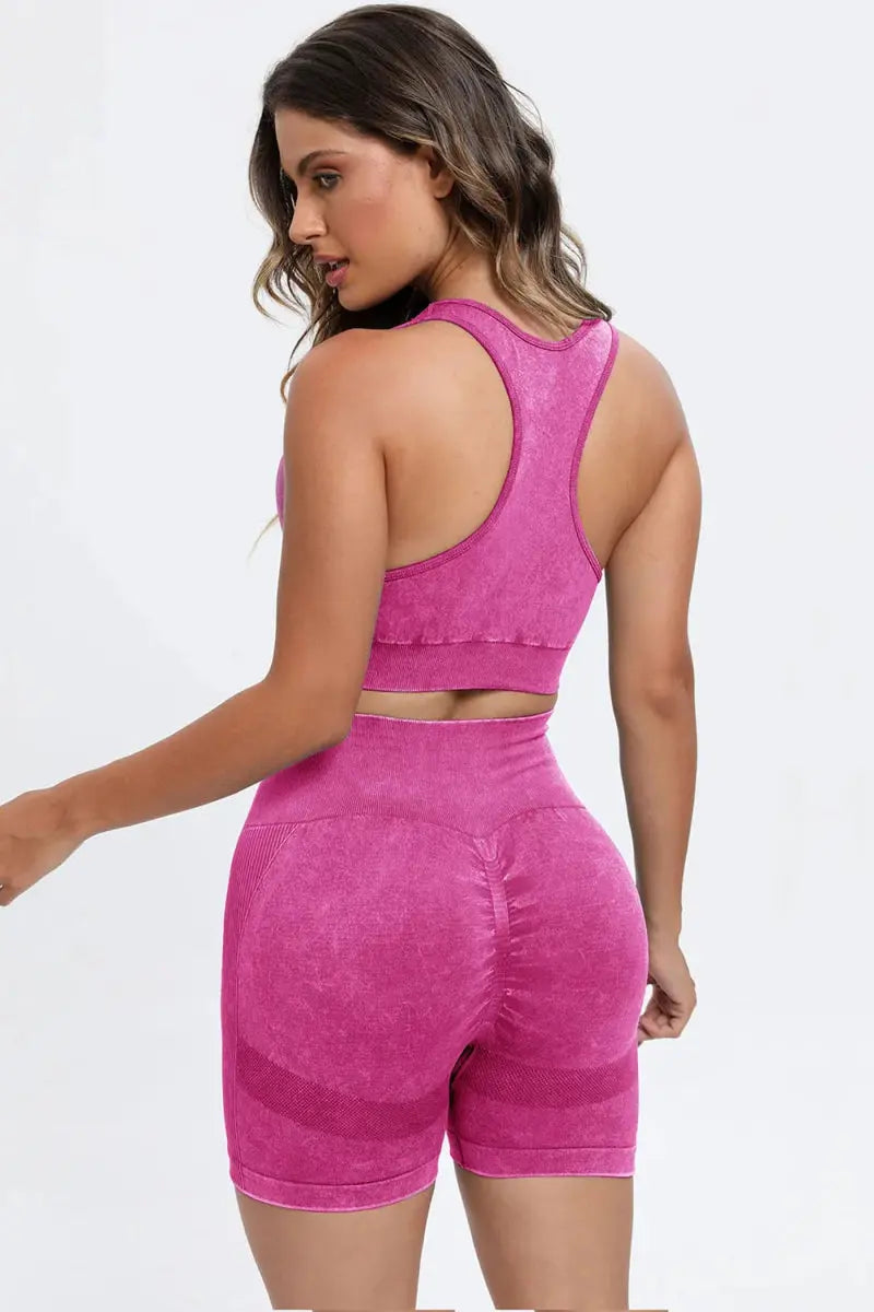 3 Piece Washed Square Neck Wide Strap Active Set for Women - Love Salve